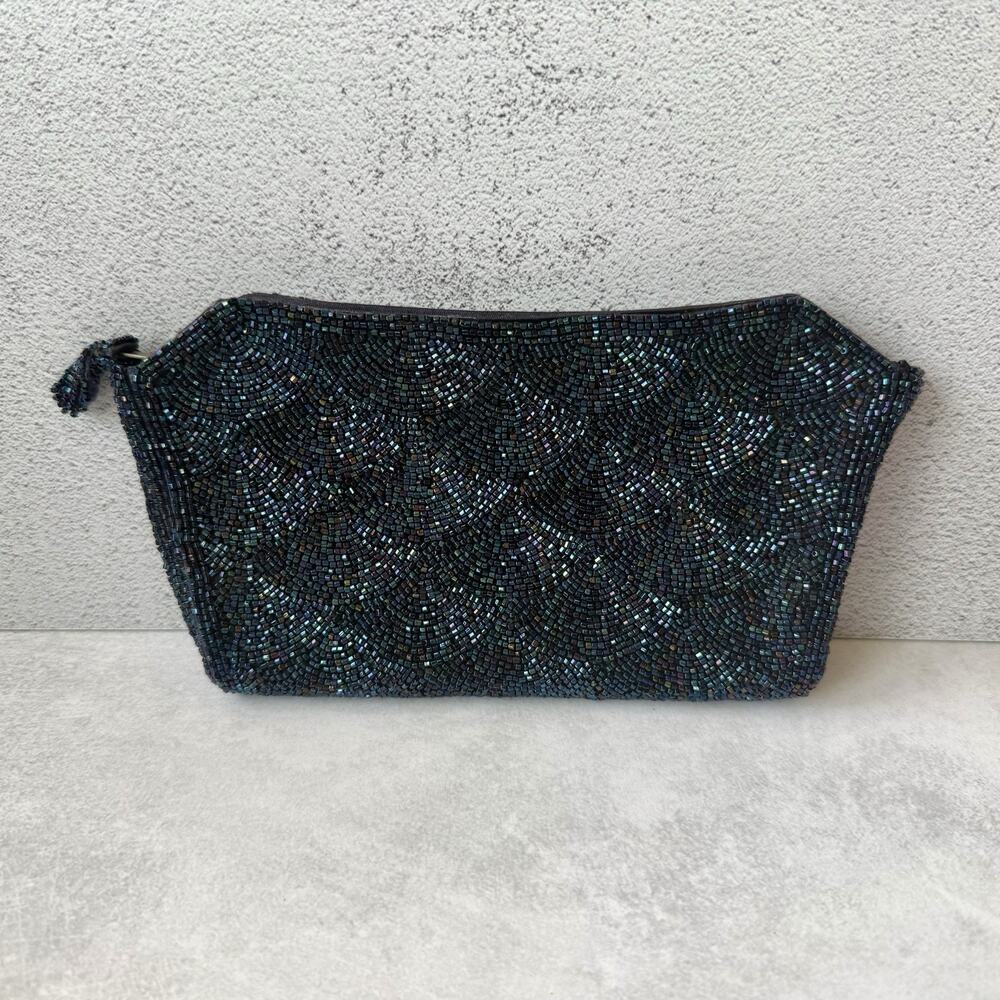 Vintage Beaded Clutch Zipper Purse Japan Iridescent Blue Elegant Evening Bag
